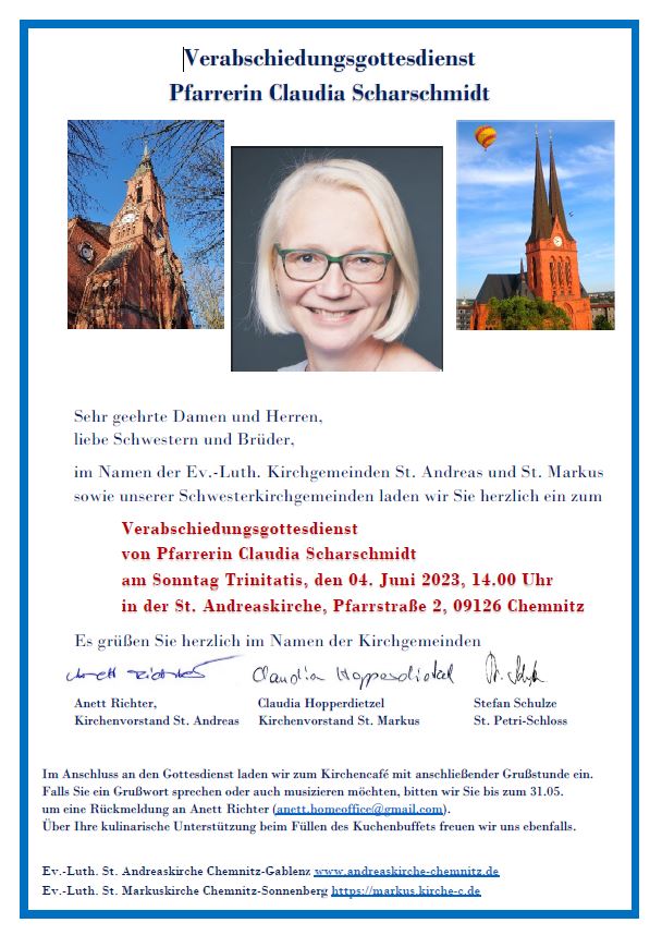 Einladung zur Verabschiedung von Claudia Scharschmidt am 04. Juni 2023