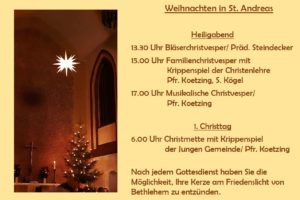 Übersicht über die Gottesdienste zu Weihnachten 2023 in der St. Andreas Gemeinde Chemitz