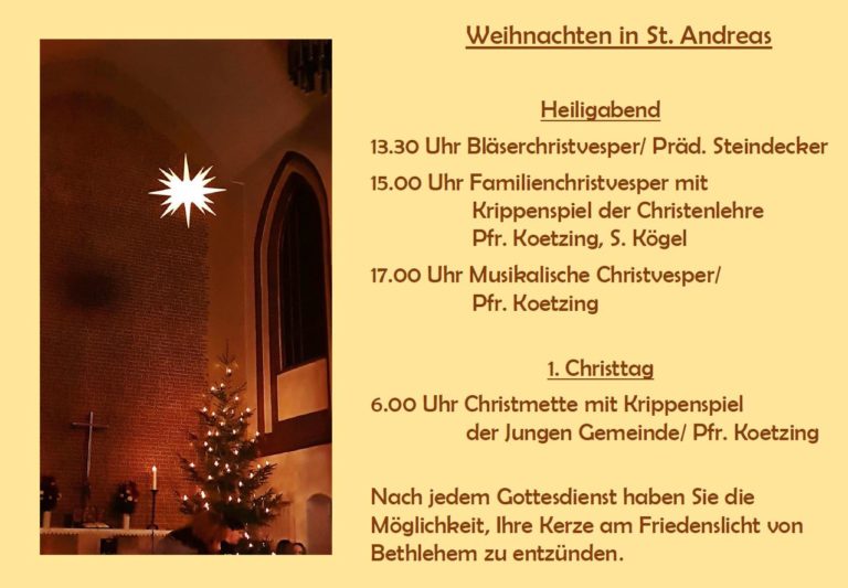 Übersicht über die Gottesdienste zu Weihnachten 2023 in der St. Andreas Gemeinde Chemitz